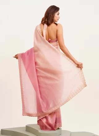Pink Tissue Beads and Stone Work Contemporary Saree for Ceremonial