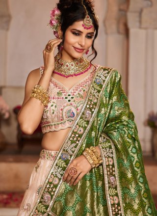 Pink Tissue Embroidered, Mirror, Sequins and Zari Work A - Line Lehenga Choli