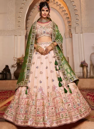 Pink Tissue Embroidered, Mirror, Sequins and Zari Work A - Line Lehenga Choli