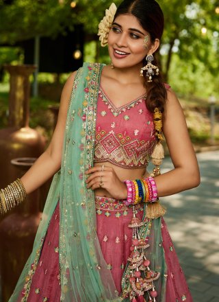 Pink Tissue Embroidered, Sequins and Zari Work Lehenga Choli for Ceremonial