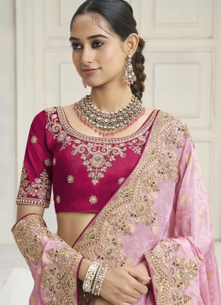 Pink Tissue Trendy Saree with Embroidered, Sequins and Zari Work