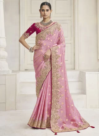 Pink Tissue Trendy Saree with Embroidered, Sequins and Zari Work