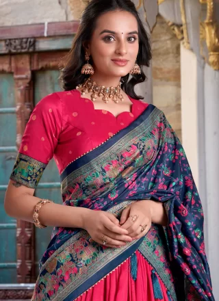 Pink Tussar Silk A - Line Lehenga Choli with Foil Print Work