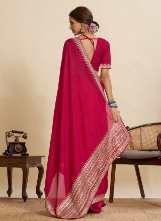 Pink Vichitra Silk Embroidered and Lace Work Classic Sari for Ceremonial