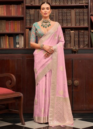 Pink Viscose Classic Sari with Woven and Zari Work for Women