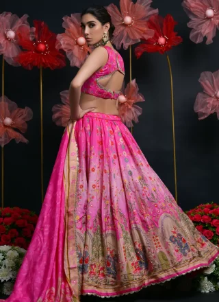 Pink Viscose Cut Dana, Embroidered, Lace, Print, Thread and Zardosi Work Lehenga Choli for Engagement