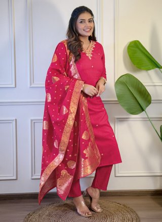 Pink Viscose Embroidered and Woven Work Salwar Suit