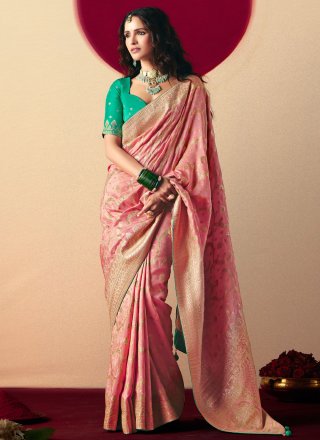 Pink Viscose Traditional Saree with Weaving Work