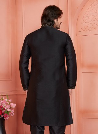 Pintex Work Brocade Kurta Pyjama In Black