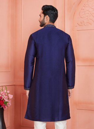 Pintex Work Brocade Kurta Pyjama In Blue for Ceremonial