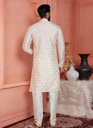Pintex Work Brocade Kurta Pyjama In Cream