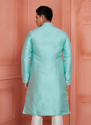 Pintex Work Brocade Kurta Pyjama In Firozi