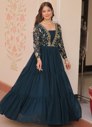 Piquant Morpeach and Teal Faux Georgette Gown