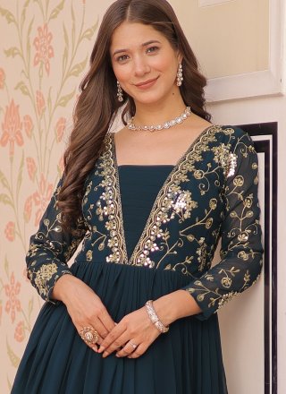Piquant Morpeach and Teal Faux Georgette Gown