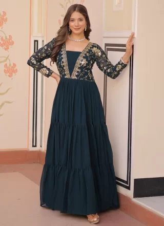 Piquant Morpeach and Teal Faux Georgette Gown
