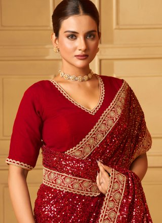 Piquant Red Georgette Contemporary Saree with Cord, Embroidered, Sequins, Thread and Zari Work