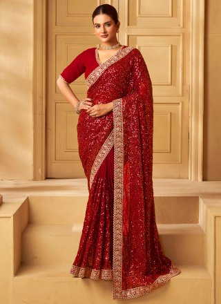 Piquant Red Georgette Contemporary Saree with Cord, Embroidered, Sequins, Thread and Zari Work