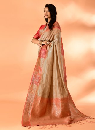 Plain and Woven Work Cotton Silk Trendy Saree In Beige