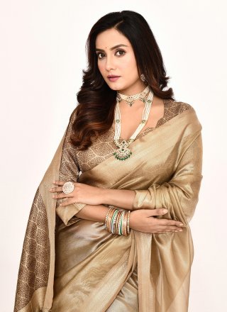 Plain and Woven Work Silk Classic Sari In Cream Colour