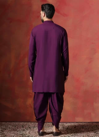 Plain Work Blended Cotton Dhoti Kurta In Purple for Ceremonial