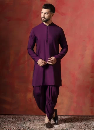 Plain Work Blended Cotton Dhoti Kurta In Purple for Ceremonial