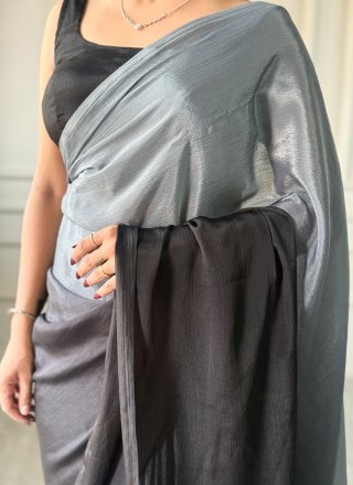 Plain Work Chinon Classic Saree In Grey for Casual