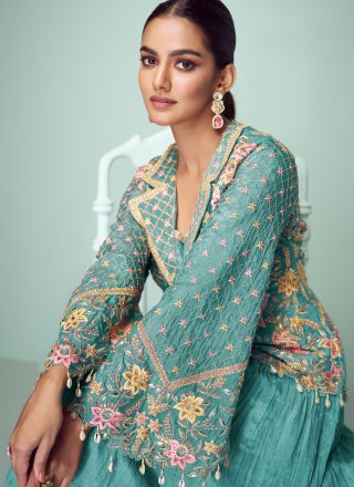 Plain Work Chinon Readymade Lehenga Choli In Aqua Blue Colour