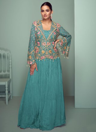 Plain Work Chinon Readymade Lehenga Choli In Aqua Blue Colour