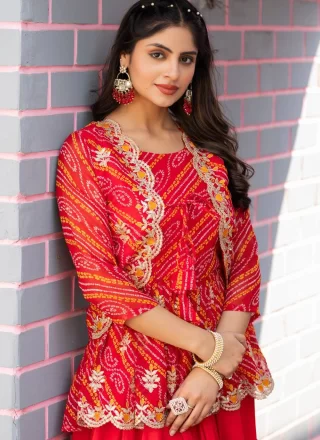 Plain Work Chinon Readymade Lehenga Choli In Rani and Red Color