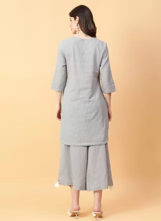 Plain Work Cotton Casual Kurti In Grey Color
