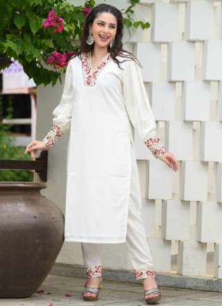 Plain Work Cotton Designer Kurti In White for Ceremonial
