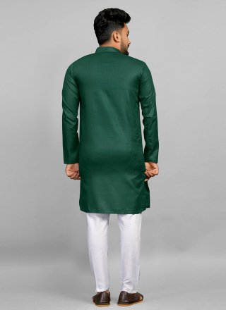 Plain Work Cotton Kurta Pyjama In Green Color