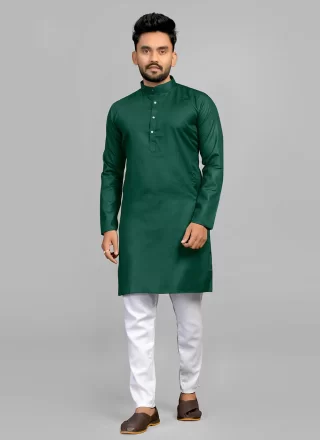 Plain Work Cotton Kurta Pyjama In Green Color