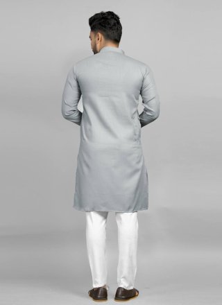 Plain Work Cotton Kurta Pyjama In Grey Color