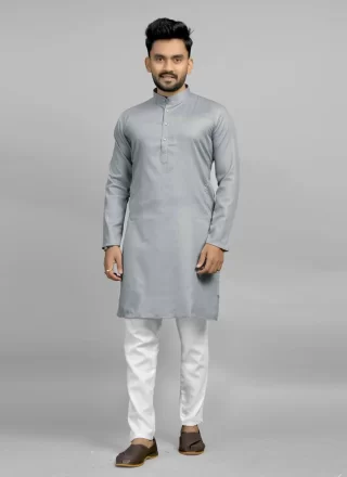 Plain Work Cotton Kurta Pyjama In Grey Color