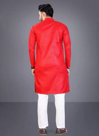 Plain Work Cotton Kurta Pyjama In Red for Engagement