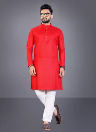 Plain Work Cotton Kurta Pyjama In Red for Engagement