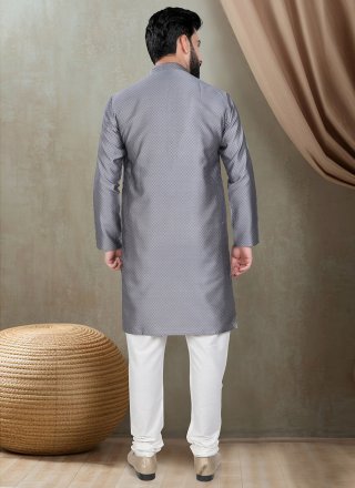 Plain Work Cotton Silk Kurta Pyjama In Grey Color