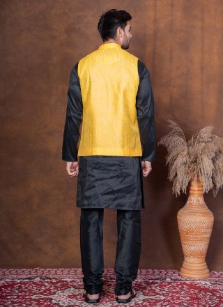 Plain Work Dupion Silk Kurta Payjama with Jacket In Black and Yellow for Ceremonial