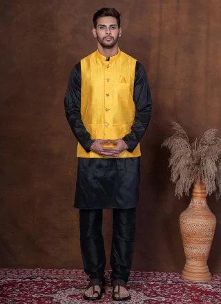 Plain Work Dupion Silk Kurta Payjama with Jacket In Black and Yellow for Ceremonial