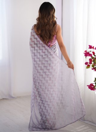 Plain Work Fancy Fabric Classic Sari In Grey and Lavender for Casual