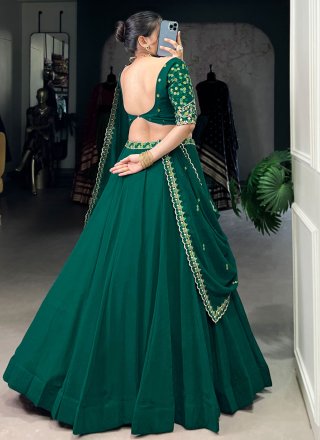 Plain Work Georgette A - Line Lehenga Choli In Green for Sangeet