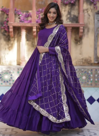 Plain Work Georgette  Designer Gown In Purple for Festival