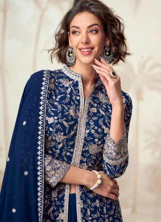 Plain Work Georgette Readymade Lehenga Choli In Blue Color