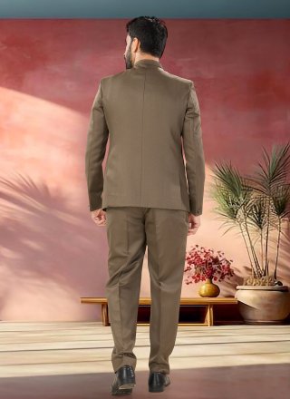 Plain Work Jacquard Jodhpuri Suit In Brown