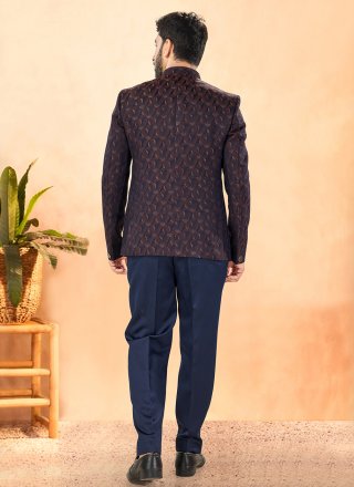 Plain Work Jacquard Jodhpuri Suit In Maroon Colour