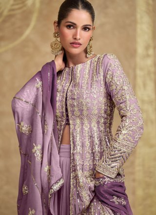 Plain Work Pure Georgette Readymade Lehenga Choli In Lavender Color