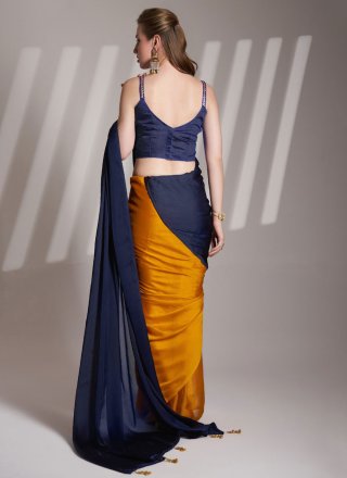 Plain Work Rangoli Classic Sari In Gold and Blue Colour