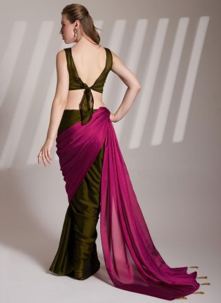Plain Work Rangoli Designer Sari In Green and Rani for Casual
