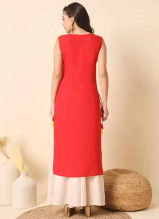 Plain Work Rayon Designer Kurti In Red Color